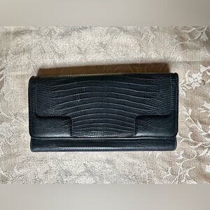 Brahmin Black Croc Embossed Tri-Fold Leather Soft Checkbook Wallet